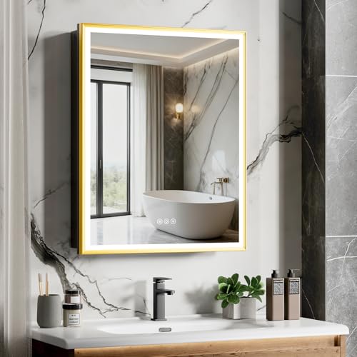 24x30 Inch Lighted Medicine Cabinet Gold Aluminum Frame 3-Color Dimmable LED Anti-Fog Mirror Surface & Recessed Mount for Bathroom Hotel Apartment Dressing Room Entryway - color: Gold, size: 24X30 IN