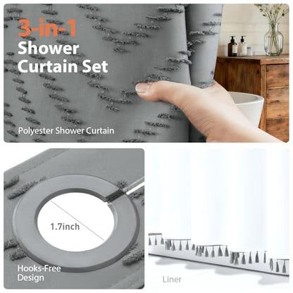 Charcoal Grey Hook Free Chevron Shower Curtain with Liner,72x99 | Less Time to install, 3 in 1 Fabric Shower Curtain and Liner Set with Magnets, Extra Long, Shower Curtains for Bathroom - color: Charcoal Grey, size: 72"W x 99"L (Pack of 1)