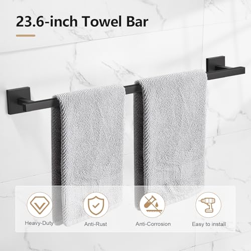 TQKAG 5-Pieces Matte Black Bathroom Hardware Accessories Set 23.6" SUS304 Stainless Steel Towel Bar Set Wall Mounted Square Toilet Paper Holder with Shelf - color: Matte Black, size: 5-Pieces Set-B