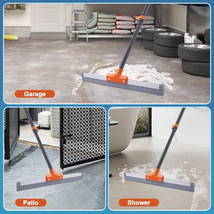 CLEANHOME Rubber Floor Squeegee with Extendable Long Handle | Concrete Floor, Tile Floor, Metal Aluminium Head, Heavy Duty Garage Shower Floor Squeegee Broom for Removing Water