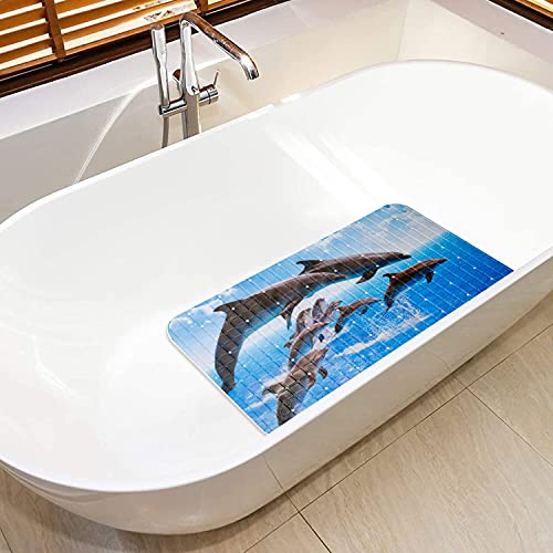 Dolphins Bathtub Mat Non Slip for Kids Cute Dolphins Bath mat 15"x27",Jumping Dolphins Bathroom Bathtub Mats,Drain Holes Suction Cups, Washable Shower Mat Anti Slip,Jumping Dolphins - color: Jumping Dolphins
