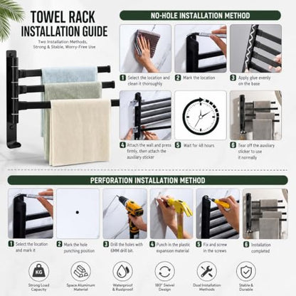2-5 Arms Swivel Towel Rack Bath Towel Holder with Hook Swing Arm Towel Rack Wall Mount for Bathroom Kitchen-Black 3Arm - color: Black, size: 3-arm