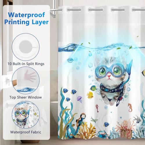 Ocean Shower Curtains for Bathroom, Cute Diving Cat No Hook Shower Curtain with Mesh Top Window and Detachable Liner, 71x74 Inch Waterproof Fabric Shower Curtain with Built-in Rings and Weighted Hem - color: Cat