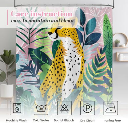 Tropical Leopard Extra Long Shower Curtain, Tall 72x78 in | Tall 78 inch XL, Floor to Ceiling, Pink and Green Natural Leaves Pattern, Waterproof Polyester Fabric, with Metal Hooks - color: Cheetah, size: 70"W x 78"L (Pack of 1)