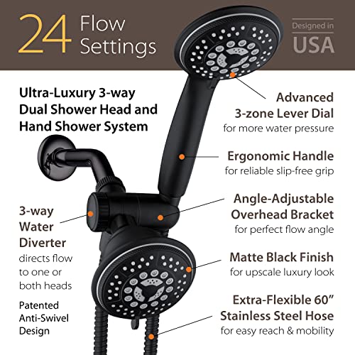 High Pressure 24-Function Dual 2-in-1 Handheld Shower Head Combo | With Self-clean Nozzles, 3-way Anti-swivel Water Diverter, and Premium Stainless Steel Hose / Matte Black Plated Finish - color: Matte Black, size: 2.5 Gallon Per Minute