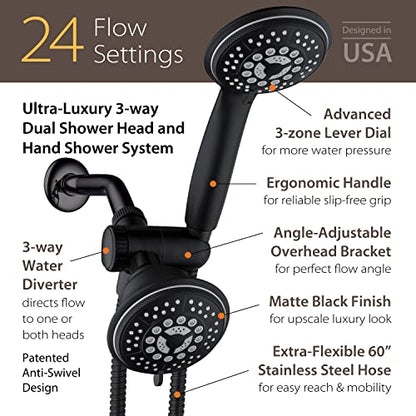 High Pressure 24-Function Dual 2-in-1 Handheld Shower Head Combo | With Self-clean Nozzles, 3-way Anti-swivel Water Diverter, and Premium Stainless Steel Hose / Matte Black Plated Finish - color: Matte Black, size: 2.5 Gallon Per Minute