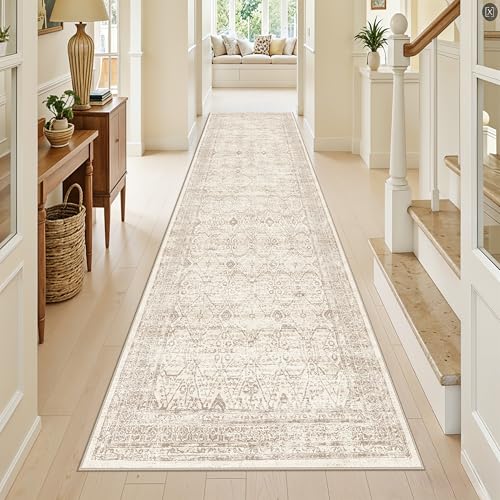 3x12 ft Carpet Runners Washable Hallway: Non Slip Wide Area Rug for Hall Kitchen Farmhouse Vintage Low Pile Long Floor Mat for Entry Bedroom Bathroom Living Room (Ivory Taupe 3x12 ft) - color: Ivory Taupe, size: 3' x 12' (Rectangular)