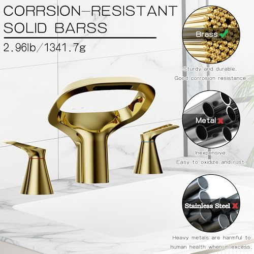 Gold Bathroom Faucet 3 Hole, 8 Inch Widespread Gold Faucets 2-Handle for Bathroom Vanity Sink with Adjustable Spout, with Supply Line, for 6 to 12 in Sink - color: Bright Gold, style: Modern