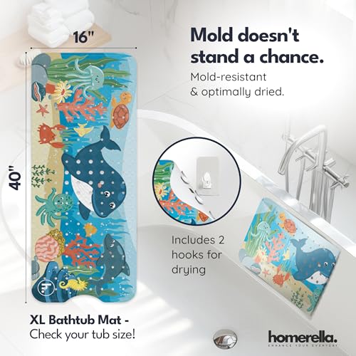 homerella Bathtub Mat Non Slip Kids 40x16 Baby Bath Mat Non Slip Anti Mold | 100% BPA Free, Non Toxic, Mildew Resistant, Machine Washable, Extra Long Kids Bath Mat for Tub Non Slip, Toddler Bath Mat - color: Magic Sea, size: 40" x 16" (Rectangular)