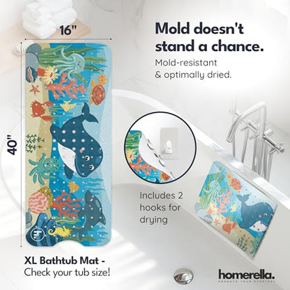 homerella Bathtub Mat Non Slip Kids 40x16 Baby Bath Mat Non Slip Anti Mold | 100% BPA Free, Non Toxic, Mildew Resistant, Machine Washable, Extra Long Kids Bath Mat for Tub Non Slip, Toddler Bath Mat - color: Magic Sea, size: 40" x 16" (Rectangular)