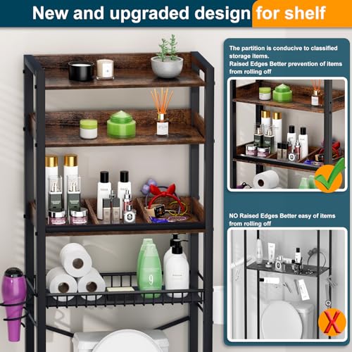 Over The Toilet Storage Cabinet,4 Tier Bathroom Organizers and Storage With Adjustable Shelf Waterproof Feet Pad and Basket ,Multifunctional Space Saver Freestanding Bathroom Shelves With Dividers - color: Brown