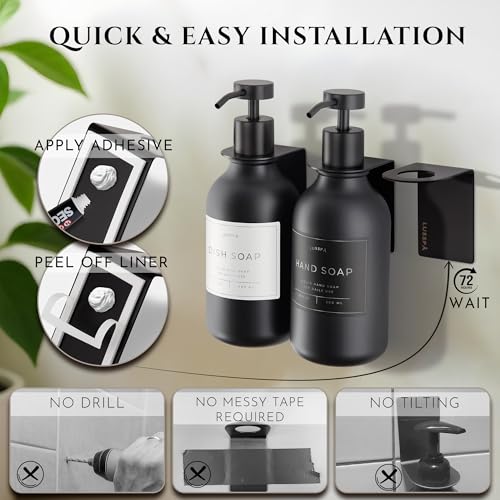 Shower Shampoo Dispenser Wall Mounted – 3 Refillable 16.9 oz Black Bottles with Stainless Steel Pumps & No-Drill Adhesive Holders – Soap Dispenser Set for Bathroom (3 X Black) - color: 3 X Black