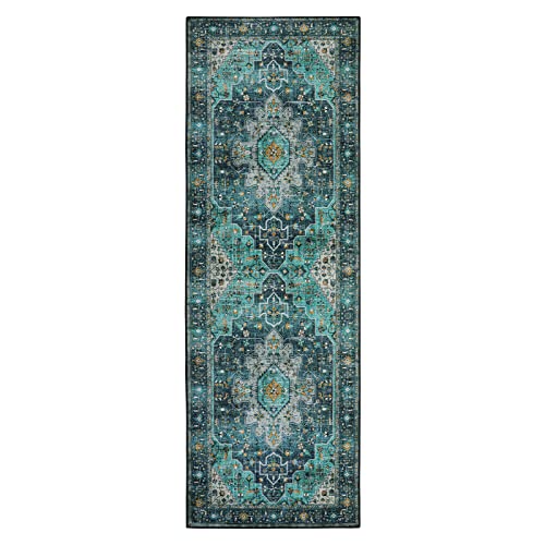 Moynesa Ultra-Thin Washable Teal Non Slip Bathroom Rug - 2x6 Laundry Room Mat, Machine Washable Non-Slip Pet Friendly Carpet Runner for Camper RV Foyer Kitchen Hallway - color: Teal, size: 2' x 6'
