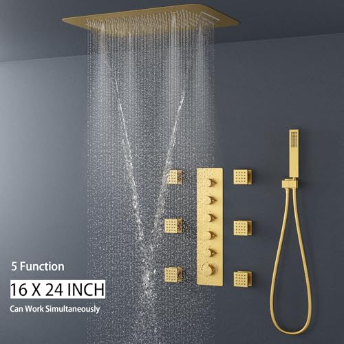 Brushed Gold Shower System with 16 X 24inch Large Triple Function Rain Waterfall Mist Shower Head, Ceiling Shower Faucet Fixtures Set with Thermostatic Shower Valve and 6PCS Shower Body Jets - color: Brushed Gold