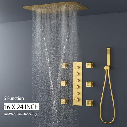 Brushed Gold Shower System with 16 X 24inch Large Triple Function Rain Waterfall Mist Shower Head, Ceiling Shower Faucet Fixtures Set with Thermostatic Shower Valve and 6PCS Shower Body Jets - color: Brushed Gold