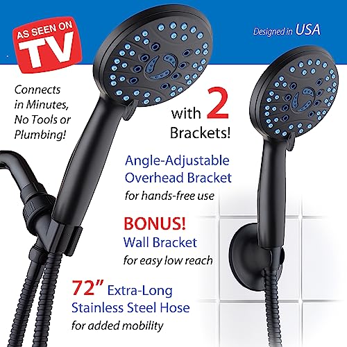 AquaCare High Pressure 8-mode Handheld Shower Head - Anti-clog Nozzles, Built-in Power Wash to Clean Tub, Tile & Pets, Extra Long 6 ft. Stainless Steel Hose, Wall & Overhead Brackets | Stay Clean Nozzles, Dual Power Wash for Tub, Tile & Pets, Long 6 ft. S