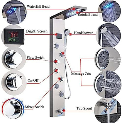 Stainless Steel Shower Panel Tower Suit,LED Rainfall Waterfall Shower Head 6-Function Faucet Rain Massage Suit with Body Jets