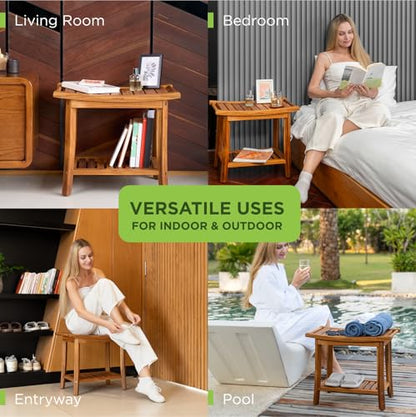 Premium 22" Teak Wood Shower Bench with Shelf, 2-Tier Waterproof | Teak Shower Stool, Non-Slip Feet for Enhanced Safety, Spa Bath Seat for Bathroom, Indoor & Outdoor Use, 300 lb Capacity
