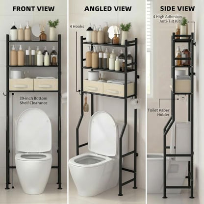 GloTika 3-Tier Over Toilet Storage, Anti-Tilt, 64" H, Black, 2 Baskets | Anti-Tilt Safety System, 150lb Capacity, Carbon Steel, Freestanding, No Drilling, Anti-Rust Coating, Paper Holder & 4 Hooks - color: Black-with 2 Basket, size: 3-Tier