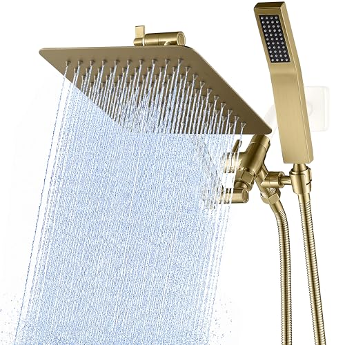 G-Promise All Metal 8-Inch Dual Square Shower Head Combo, Rain Shower Head, Handheld Shower Wand with 71-Inch Extra Long Hose, 3-Way Diverter, Adjustable Extension Arm, Brushed Gold | Built to Last, Easy Install, Adjustable Height & Angle for All Heights,