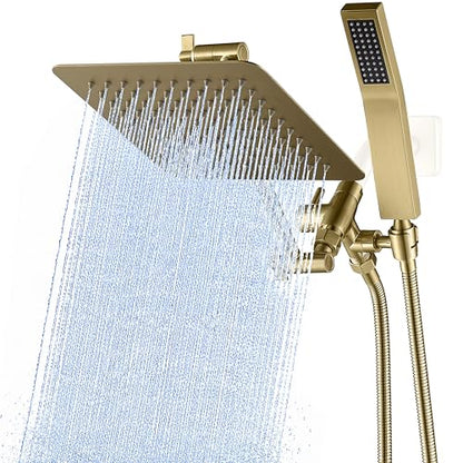 G-Promise All Metal 8-Inch Dual Square Shower Head Combo, Rain Shower Head, Handheld Shower Wand with 71-Inch Extra Long Hose, 3-Way Diverter, Adjustable Extension Arm, Brushed Gold | Built to Last, Easy Install, Adjustable Height & Angle for All Heights,