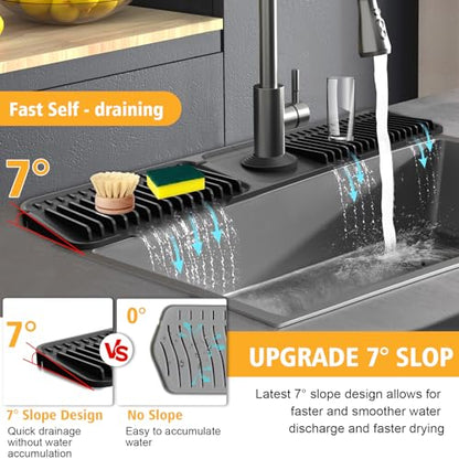 24-Inch Kitchen Sink Splash Guard Mat | 7° Slope for Fast Self-Draining | Snap-Lock Design | Universal & Cuttable Silicone Faucet Mat (Black) - color: Black, size: 24" x 5.5"