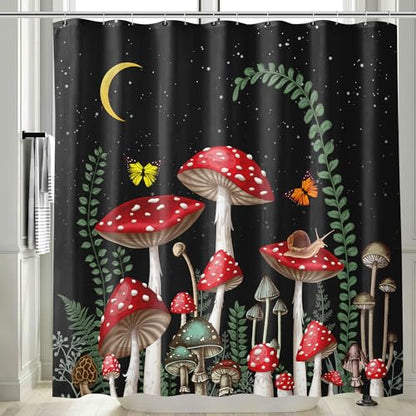 Black Mushroom Shower Curtains 72 x 72 Inch, Waterproof Fabric Rustic Retro Mushroom Moon Butterfly Botanical Bathroom Shower Curtain with 12 Hooks - color: Black Mushroom, size: 72"W x 72"L (Pack of 1)