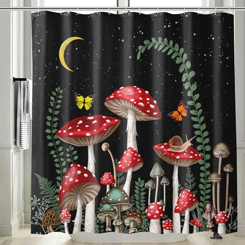Extra Long Black Mushroom Shower Curtains 72 x 84 Inch, Waterproof Fabric Rustic Retro Mushroom Moon Butterfly Shower Curtain for Bathrooms - color: Black Mushroom, size: 72"W x 84"L (Pack of 1)