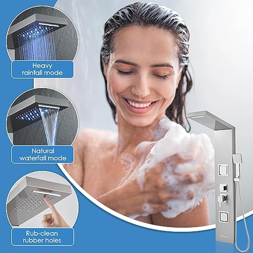 ROVOGO Shower Panel Tower System with Led Lights - Battery Powered, 46.5" | Rainfall Waterfall Shower Head, 2 Body Jets, Handheld and Tub Spout, Stainless Steel Shower Column with Brass Valves, Brushed - color: Brushed-2 jets