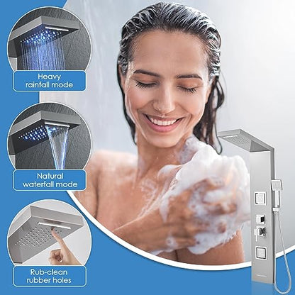 ROVOGO Shower Panel Tower System with Led Lights - Battery Powered, 46.5" | Rainfall Waterfall Shower Head, 2 Body Jets, Handheld and Tub Spout, Stainless Steel Shower Column with Brass Valves, Brushed - color: Brushed-2 jets