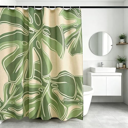 Tropical Plants Linen Shower Boho Curtain Set with Liner,72" Wx72 L | Double Layer Shower Curtain Waterproof Fabric with Zippered Removable PEVA Liner,Boho Shower Curtain for Bathroom,Free Hooks - color: Monstera Leaf