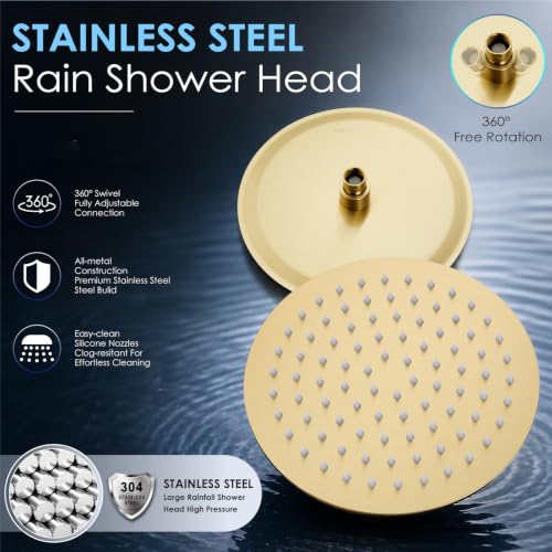 Midanya Round Rain Shower Head,High Pressure,Brushed Gold 10 Inch | 360°Swivel,Ceiling or Wall Mount,Waterfall Full Body Coverage,Bathroom Remodel,Stainless Steel Large Rainfall Shower Head - color: Gold, size: 10 Inch