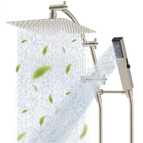 Hibbent All Metal CUPC Certified 10'' Rainfall Shower Head, Dual Shower Head Combo, High Pressure Handheld 4 Sprays Shower Wand, 16'' Adjustable Extension Arm, 71'' Hose, Shower Holder, Brushed Nickel - color: Brushed Nickel, style: Square 10''