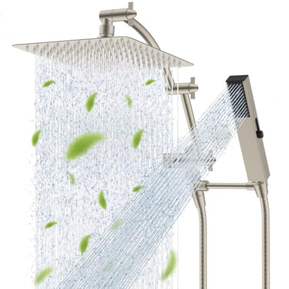 Hibbent All Metal CUPC Certified 10'' Rainfall Shower Head, Dual Shower Head Combo, High Pressure Handheld 4 Sprays Shower Wand, 16'' Adjustable Extension Arm, 71'' Hose, Shower Holder, Brushed Nickel - color: Brushed Nickel, style: Square 10''