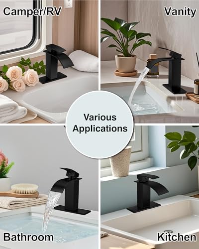 Midanya Waterfall Bathroom Faucet 1 Hole,Matte Black | with 24” Hoses,Pop Up Drain,6” Deck Plate,for 1 or 3 Hole Vanity,Lavatory,RV,Single Handle Bathroom Sink Faucet,NSF Certified - color: Black