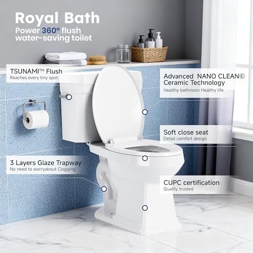 RoyalBath Elongated Two piece Toilet for Bathrooms, 12" Rough In | 17.3" ADA Height, Nano Self-Cleaning, WaterSense/MAP/CUPC Certified, 1.27 GPF 360° TSUNAMI Flush, Soft-Close Seat - size: 1.27 GPF Side Flush