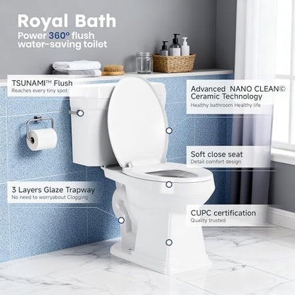 RoyalBath Elongated Two piece Toilet for Bathrooms, 12" Rough In | 17.3" ADA Height, Nano Self-Cleaning, WaterSense/MAP/CUPC Certified, 1.27 GPF 360° TSUNAMI Flush, Soft-Close Seat - size: 1.27 GPF Side Flush