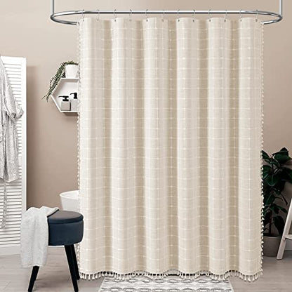 48x72 Boho Farmhouse Linen Heavy Duty Shower Curtain Set, Cream/Beige | Stall Size, 330GSM Linen Blend, 3-side Tassels, Water Repellent Fabric, 8 Plastic Hooks, Rustic Bohemian, Machine Washable - color: A - Cream, size: 48"W x 72"L (Pack of 1)