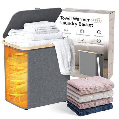 2-in-1 35L Towel Warmer & 46L Laundry Basket, Foldable Towel Warmers for Bathroom, Extra Large Blanket Warmers, Auto Shut Off, Fits 3 Oversized 40"X70" Towels, Ideal