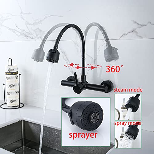 Wall Mount Faucet 8"" Center, Black Sink Mixer Tap, Laundry Utility Faucets | 304 Stainless Steel Constructed, Rotatable, 2-Function Sprayer ,Flexible Hose - color: Black