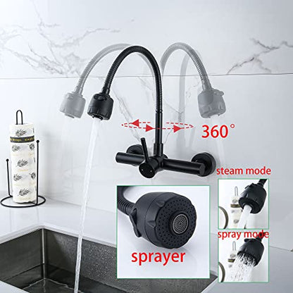 Wall Mount Faucet 8"" Center, Black Sink Mixer Tap, Laundry Utility Faucets | 304 Stainless Steel Constructed, Rotatable, 2-Function Sprayer ,Flexible Hose - color: Black