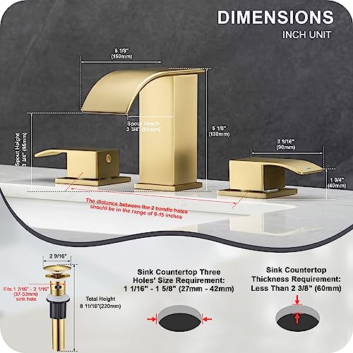 GAGALIFE 8 Inch Waterfall Bathroom Faucets 3 Hole - Brushed Gold Widespread Bathroom Faucet with Pop-up Drain, Two Handles Bathroom Sink Faucet, Modern Vanity Sink faucets with Supply Lines - color: Gold, style: With Drain