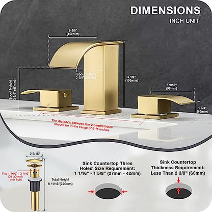 GAGALIFE 8 Inch Waterfall Bathroom Faucets 3 Hole - Brushed Gold Widespread Bathroom Faucet with Pop-up Drain, Two Handles Bathroom Sink Faucet, Modern Vanity Sink faucets with Supply Lines - color: Gold, style: With Drain