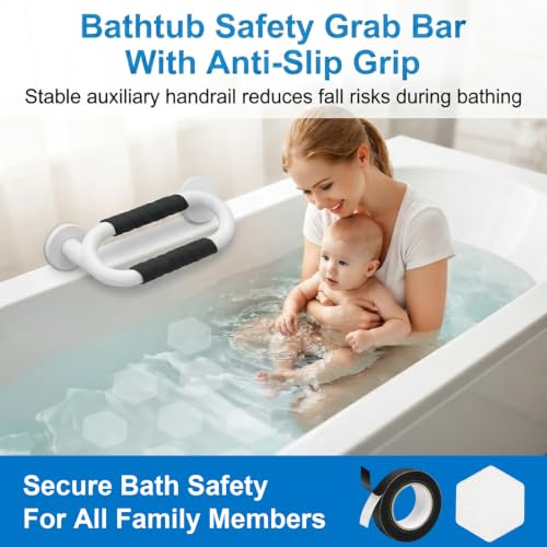 Bathroom Safety Set: 12 Pcs Hexagonal Anti-Slip Shower Sticker for Bathtub Floor & 1 Roll 9.8 Ft Black Rubber Grip Tape for Handles, Waterproof Treads