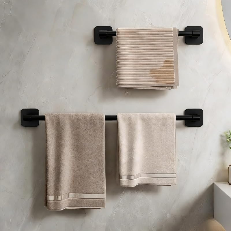 1pc Contemporary Black Metal Towel Bar Rack that Adheres Without Drilling, Featuring a Hand Towel Hook, Suitable for Storing Towels in The Bathroom and Kitchen