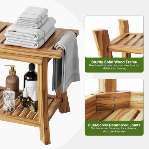 24" Teak Shower Bench with Towel Bar & Shelf - 2-Tier Bath Stool | Solid Teak Shower Stool, Safety Non-Slip Feet, 300lbs Capacity Spa bath Seat, Leg Shaving, Sauna, Indoor & Outdoor Use