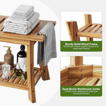 24" Teak Shower Bench with Towel Bar & Shelf - 2-Tier Bath Stool | Solid Teak Shower Stool, Safety Non-Slip Feet, 300lbs Capacity Spa bath Seat, Leg Shaving, Sauna, Indoor & Outdoor Use