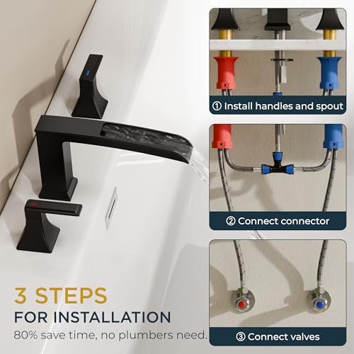 FORIOUS Roman Bathtub Faucet 3 Hole Deck Mount with 2 Handle Matte Black | Tub Faucet for 3-Hole Set, 6-12" Centered Distance, Widespread Garden Bath Tub, Waterfall Spout, High Flow, Brass - color: Matte Black