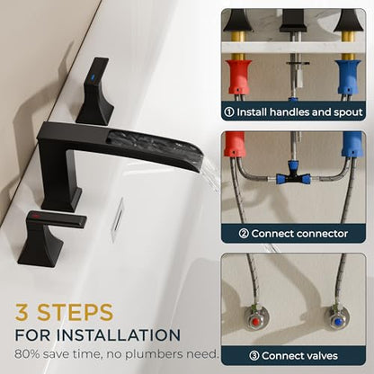 FORIOUS Roman Bathtub Faucet 3 Hole Deck Mount with 2 Handle Matte Black | Tub Faucet for 3-Hole Set, 6-12" Centered Distance, Widespread Garden Bath Tub, Waterfall Spout, High Flow, Brass - color: Matte Black