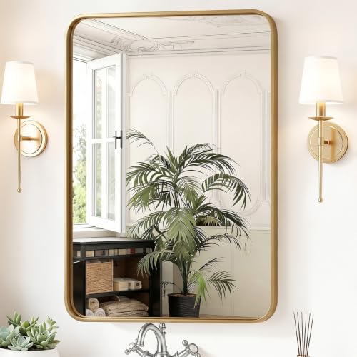 Sweetcrispy Bathroom Wall Mirror, 40x30 Inch Wall Mount Mirror for Over Sink, Modern Rounded Rectangle Vanity Mirrors with Matte Metal Framed, for Home Decor, Living Room, Bedroom, Gold - color: Gold-rect, size: 40"L x 30"W